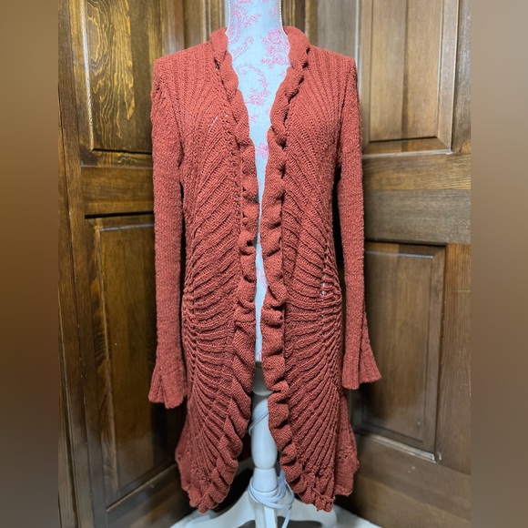 ROSIE NEIRA ANTHROPOLOGIE Rust Crochet Cotton Knit Open Longer Cardigan Duster M - Picture 4 of 14